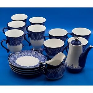 Bombay Co Tea Set of 15 Arabesque Tile‎ Pattern, Teapot, Cups, Saucers, Creamer